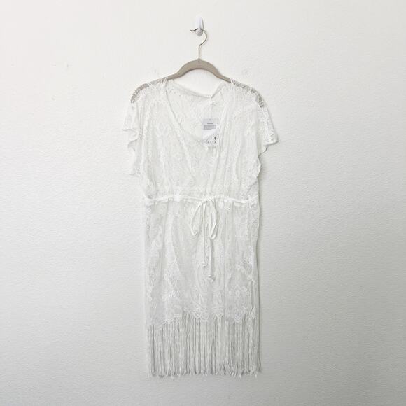 [Costyleen] White Fringe Hem Scoop Neck Sheer Beach Swim Coverup NWT Sz Medium M - Picture 2 of 11